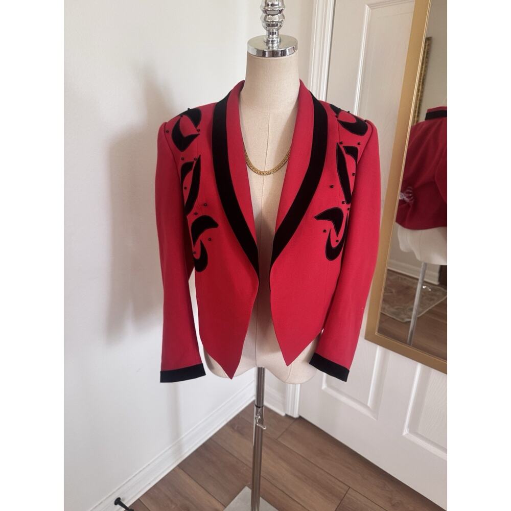 Vintage 80s 90s Red Black Beaded Cropped Short Jacket Open Front Statement MED - Picture 3 of 16